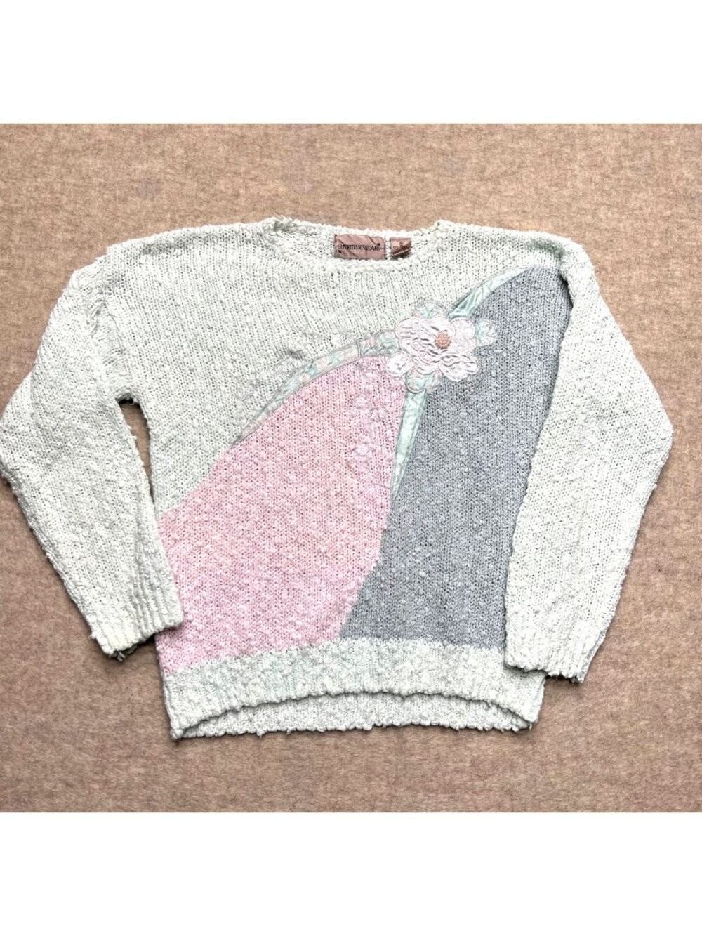 Vintage Sweater Pastel Floral Applique Embroidery Beads 80s Blue Pink Med